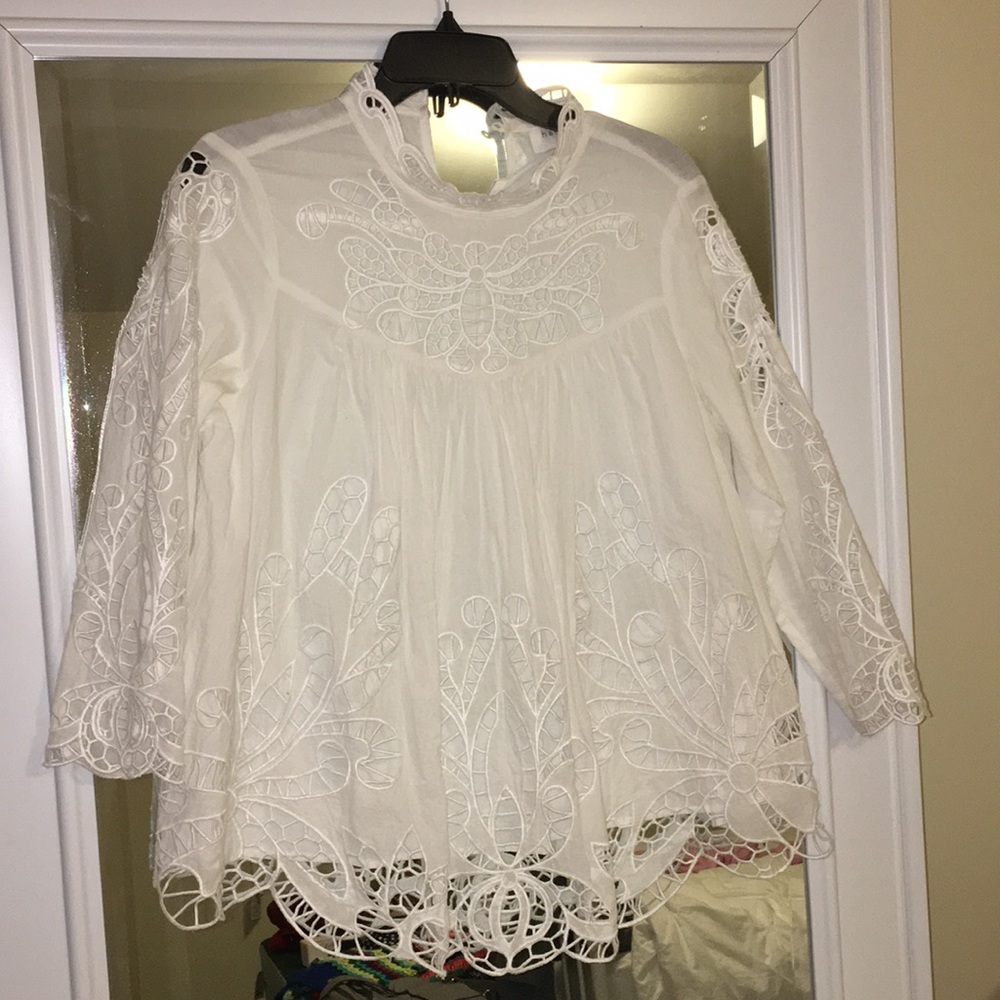 Anthropologie cotton white lace embroidered blouse